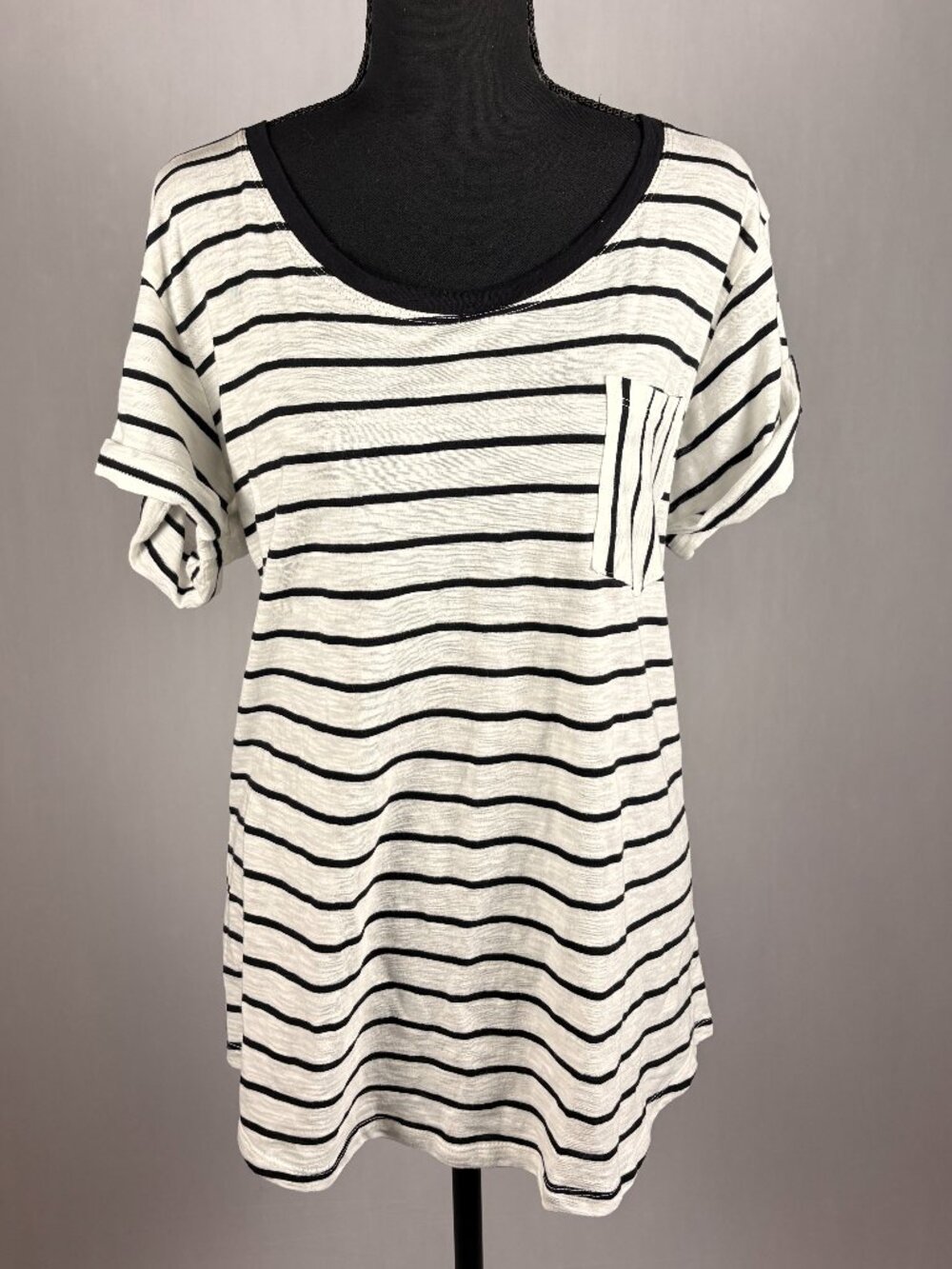 ANA Striped Pocket Tee • XL • Black & Cream Short Sleeve Top • NWOT